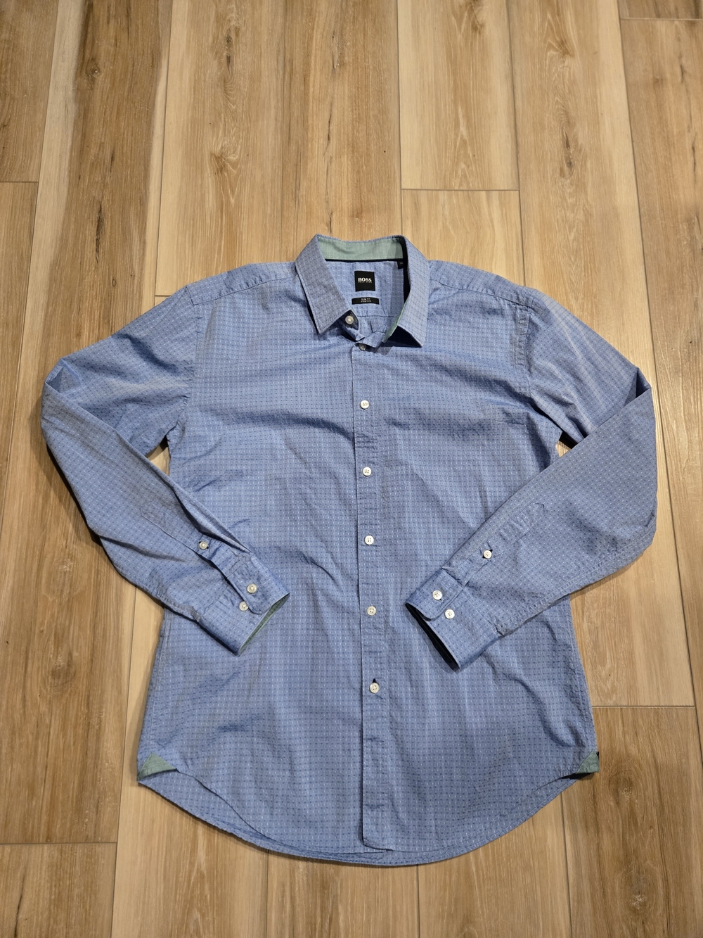 BOSS Men's Light Blue Patterned Dress Shirt